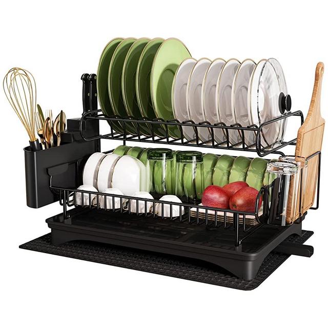 Dish Drying Rack for Kitchen, MAJALIS 2 Tier Large Stainless Steel Dish Drainer for Kitchen Counter, Dish Strainer with Utensil Holder and Drying Mat（Black）