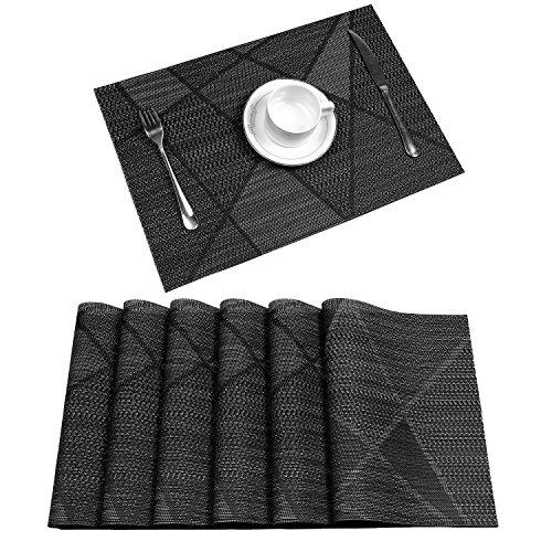U'Artlines Placemat, Crossweave Woven Vinyl Non-Slip Insulation Placemat Washable Table Mats Set (6pcs placemats, G Black)