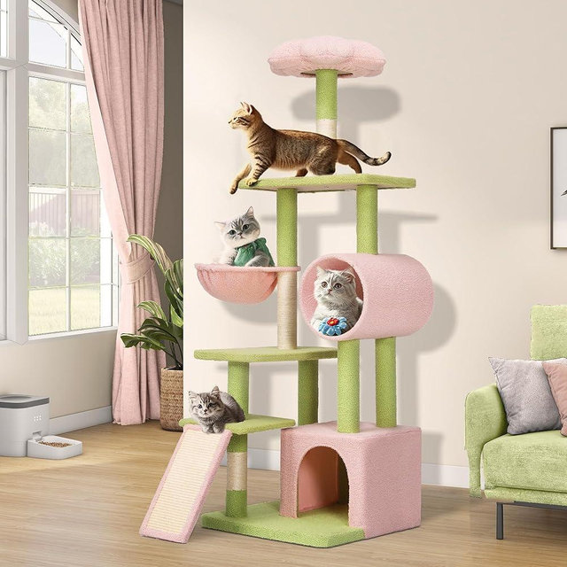 YITAHOME Tall Flower Cat Tree Tower with Detachable Perch, 65in Cute Cat Climbing Tower for Indoor Cats with Cat Condo, Basket, Tunnel, Sisal Scratching Posts and Board, Pink and Green