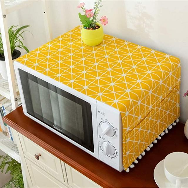 Mvchif Microwave Oven Cover Dustproof Cotton Machine Protector Decorative Kitchen Appliance Cover with Side Storage Pockets 11.8x35.4inches (Yellow Grids)