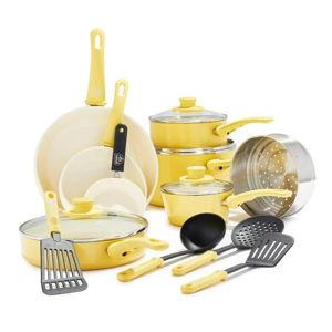 GreenLife 16 Piece Nonstick Cookware Set, Soft Grip Non-Toxic Ceramic, Dishwasher Safe, Yellow