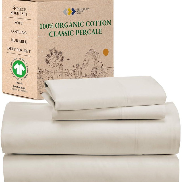 California Design Den Percale 100% Organic Cotton Full Size Sheet Sets, Deep Pocket GOTS Certified, Soft, Breathable & Cooling Sheets, Bedsheets for Full Size Bed, Ivory Sheets