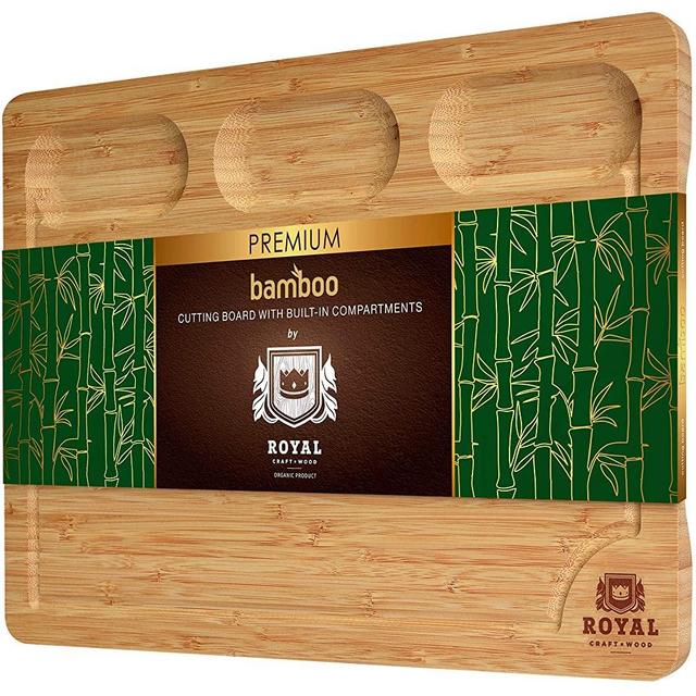 Extra Large Bamboo Cutting Board/Cheese and Charcuterie Board/Serving Tray with Built-In Compartments and Juice Groove - Wooden Chopping Board for Meat, Vegetables, Fruit and Cheese