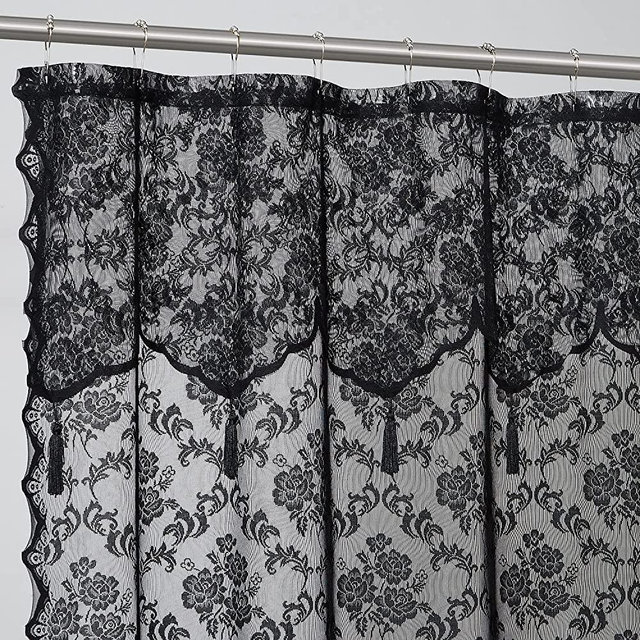 Warm Home Designs Black Lace Shower Curtain with Attached Valance and Elegant Tassels. 72 x 84 Extra Long Shower Curtain for Bathroom. Luxury Shower Curtain for Unique Bathroom Decor. MSH Black 84"