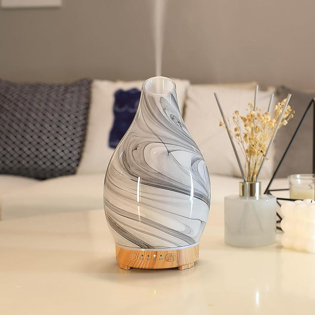 Essential Oil Diffuser, Art Glass Ultrasonic Aromatherapy Diffuser for Home 160ml with Intermittent Mist & LED 7 Colorful Changing Night Light for Bedroom-Ink Dyeing Time