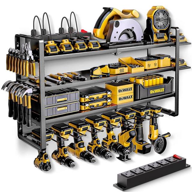 Power Tool Organizer, Quick Assembly & Max 200lb Load With 6 Outlet Power Strip, 8 Slots 4 shelves for Cordless Drill Holder Wall mount in Garage/Workshop/Pegboard/Shed Suitable for Father's Day