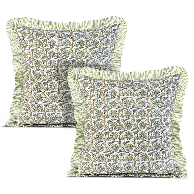 Ridhi Block Print Bloom Bubbles Throw Pillow Cover 20" x 20" (Pack of 2) Decorative Cushion Covers with Ruffle for Couch, Sofa, Bed, Living Room, Home Decor Gift for Spring, Easter, Valentine
