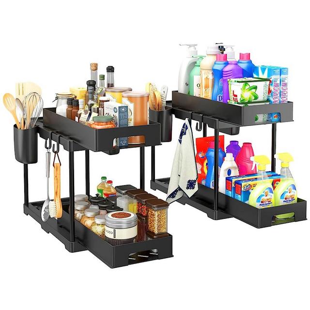 Under Sink Organizers and Storage, Kitchen Bathroom Sink Organizer, Double Sliding Under Sink Cabinet Basket Storage Shelf, Cabinet Organizers - 2 Tiers, 8 Hooks, 4 Cups（2 Pack ）