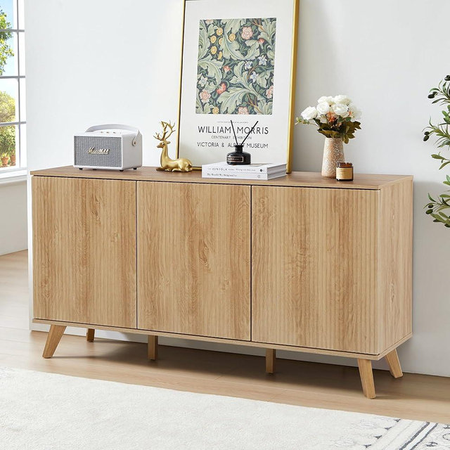Fluted Sideboard Buffet Cabinet with Storage, Modern Storage Cabinet with 3 Doors, Wood Credenza Buffet Sideboards, Bar Cabinets Console Table for Kitchen Dining Living Room Entryway (Natural)