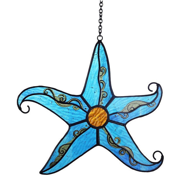 Starfish Stained Glass Window Hanging Sun Catcher, 6" Handmade Real Glass Art, Indoor Outdoor Decor, Ocean Gift for Women Men, Grandparents Mother, Sea Animal Lover (with Hook, Chain, Gift Package)