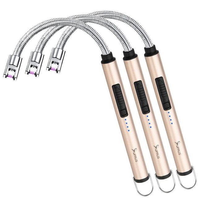 SUPRUS Electric Candle Lighter USB Type C Rechargeable Lighter Steel Shell & Hanging Hook with 360° Flexible Neck(Gold, 3)