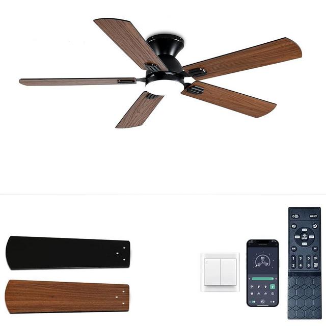 KNUN 52 inch Ceiling Fans with Lights, Brown Low Profile Ceiling Fan with Remote Control and App, Double-sided Fan Blades, 3CCT Dimmable LED, Noiseless, Flush Mount Ceiling Fan for Bedroom, Patio