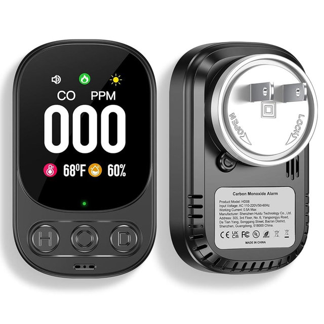 Lunarlipes Carbon Monoxide Detector Plug in Wall, 3-in-1 CO Level Monitor Alarm with Temp/Humidity Sensor, Portable Carbon Monoxide Detectors Easy to Read & Install, for Home/Hotel/RV (Black-1Pack)