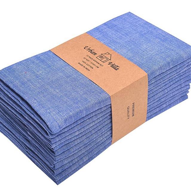 Urban Villa Chambray Slub Set of 12 Dinner Napkins (20X20 Inch) 100% Cotton Everyday Use Premium Quality Over sized Cloth Napkins with Mitered Corners Ultra Soft Durable Hotel Quality (Blue/White)