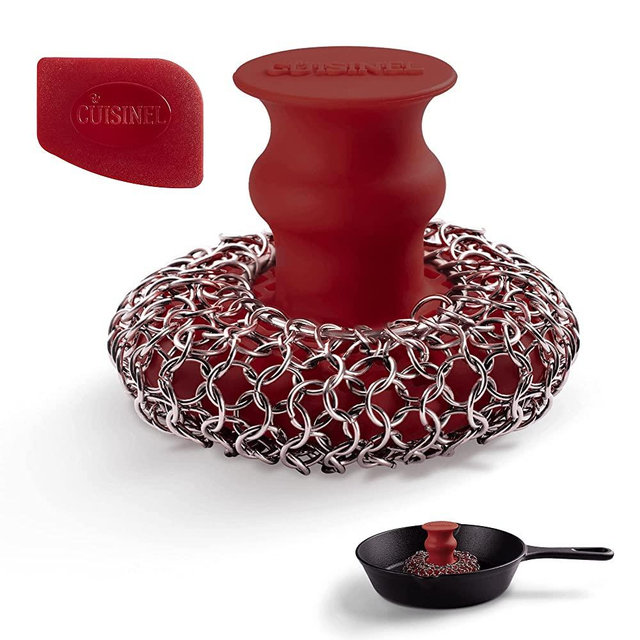 Cast Iron Chainmail Scrubber + Pan Scraper - Deluxe Ergonomic Stainless and Silicone Cleaner for Pots and Skillets - Food-Safe Design - Easy to Clean Dishwasher Safe Cookware Sponge Kitchen Accessory