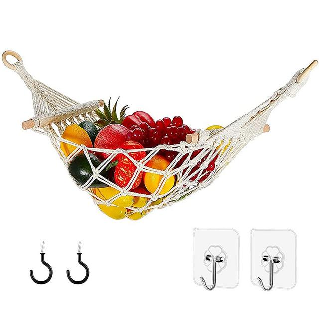 Macrame Fruit Hammock Basket for Hanging Fruit Vegetables Snacks, Bohemia Handwoven Cotton Hammocks Under Cabinet, Kitchen Storage Décor Save Counter Space + 2 Pcs Ceiling Hooks + 2 Pcs Adhesive Hooks