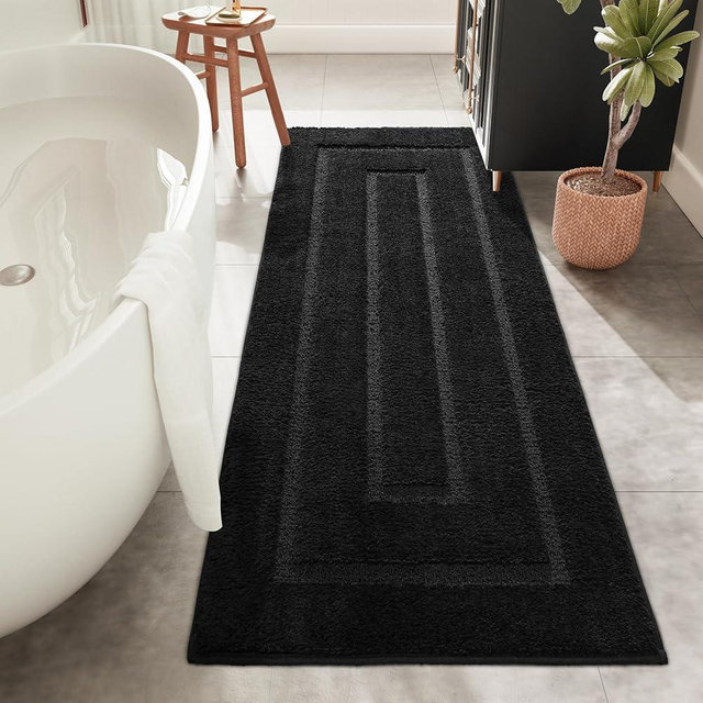 HOMORE 24x70 inch Long Bathroom Rug, Black Absorbent Microfiber Bathroom Runner Rug, TPR Backing Non Slip Bath Rug for Bathroom, Soft and Thick Bath Rug, Quick Dry Bath Mat for Shower Floor