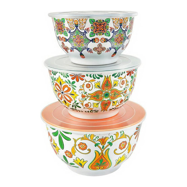 TP Large Mixing Bowl Set with Lids, Melamine Nesting Bowls Set for Pasta Baking Salad Mixing, Set of 3, Aztec Bloom
