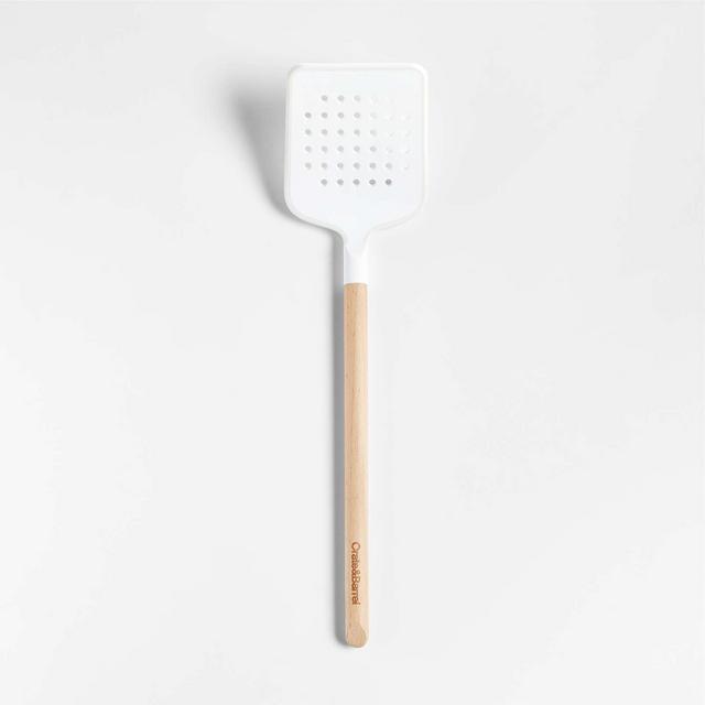 Crate & Barrel White Silicone and Wood Slotted Turner