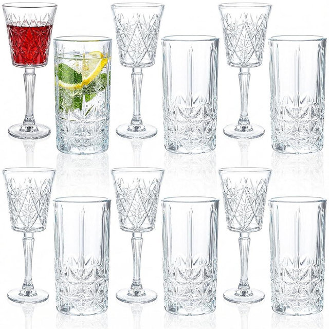 Uiifan Set of 12 Drinking Glassware 6 Highball Glasses 12 oz 6 Glass Goblets 10 oz Clear Fancy Cups Vintage Textured Designer Glassware for Cocktail Tea Water Beer Soda Beverages, Dishwasher Safe