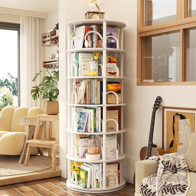 Aheaplus 6 Tier Rotating Bookshelf Tower, Revolving Bookcase, 360° Round Spinning Book Shelf, Narrow Swivel Bookshelves Vertical Rolling Turning Corner Bookshelf Organizer for Small Space, White