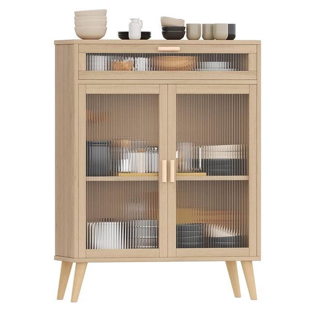 Rovaurx Accent Floor Storage Cabinet, Acrylic Glass Doors Bathroom Cabinet with Adjustable Shelf & Large Drawer, Freestanding Storage Organizer, Natural BMGZ107MC