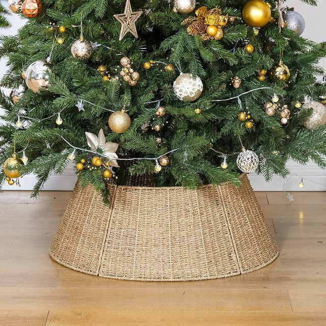 StorageWorks 26 Inch Christmas Tree Collar, 5-Piece Durable Seagrass Christmas Tree Skirt for Home Decor, Handcrafted Tree Base Cover for Artificial Trees, Large