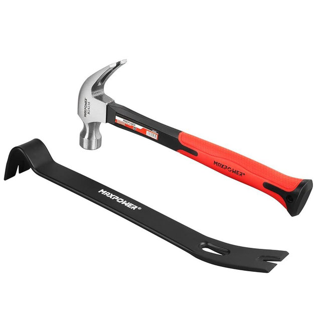 MAXPOWER Hammer and Pry Bar Set, 20oz Claw Hammer &15-inch Flat Pry Bar
