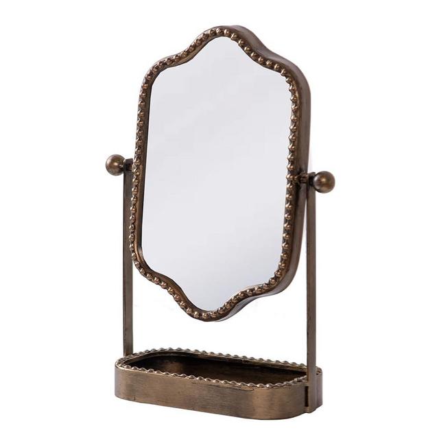 HuiDao Vintage Tabletop Makeup Mirror with Tray, Metal Antique Decorative Mirror with Stand, 360°Swivel Retro Desktop Dressing Mirror Countertop, Bedroom,Bathroom, Living Room