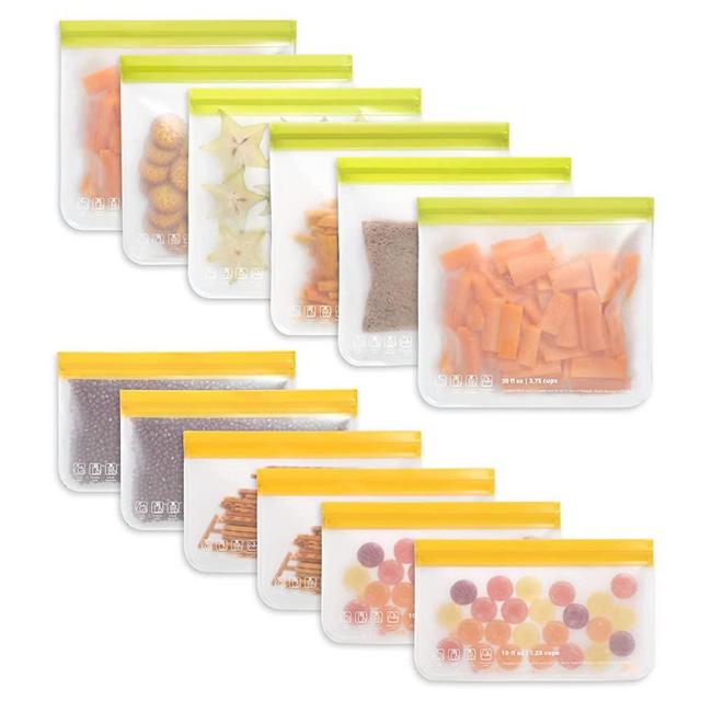 12 Pack Dishwasher Safe Reusable Food Storage Bags (6 Reusable Sandwich Bags, 6 Reusable Snack Bags), Extra Thick Leakproof Silicone Free Plastic Bags