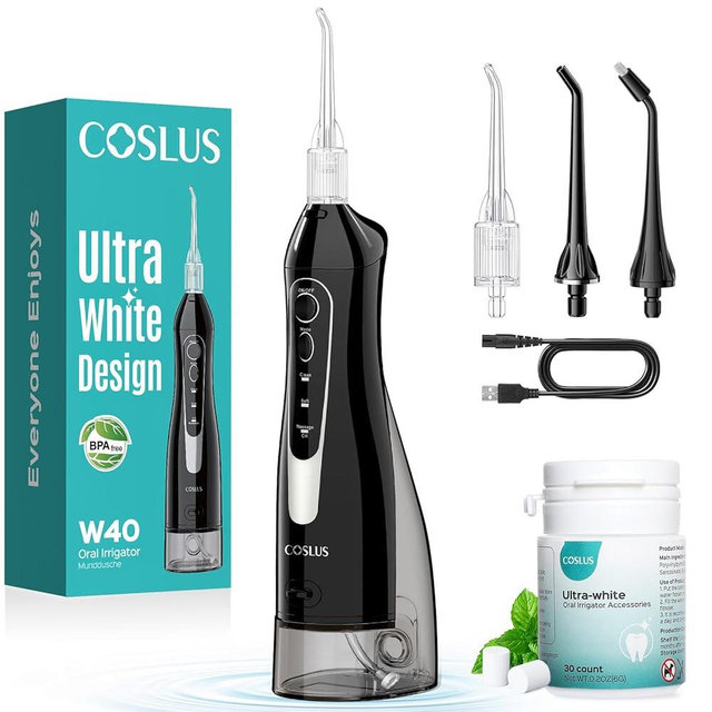 COSLUS Water Flosser Pick with Whitening Mint Flavor Refill Combo for Teeth, Braces, Gums Care - Easy to Use, Portable for Coffee Lovers & Travel, Rechargeable, BPA-Free, Black