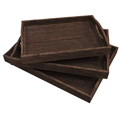 Rustic Wooden Serving Trays with Handle - Set of 3 - Large, Medium and Small - Nesting Multipurpose Trays - for Breakfast, Coffee Table/Butler & More - Light & Sturdy Paulownia Wood - Torched Brown