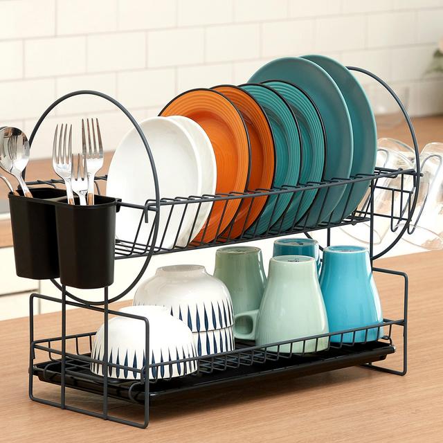Dish Drying Rack, 2 Tier Kitchen Dish Rack and Drainboard/Cutlery Cup (Dark Gray)