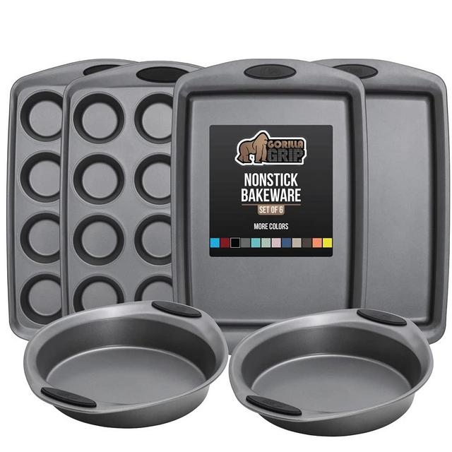 Gorilla Grip Nonstick, Heavy Duty, Carbon Steel Bakeware Sets, 6 Piece Baking Set, Rust Resistant, No Bending or Popping, Silicone Handle, 2 Cookie Sheets, Round Cake Pans, 12 Cup Muffin Tins, Black