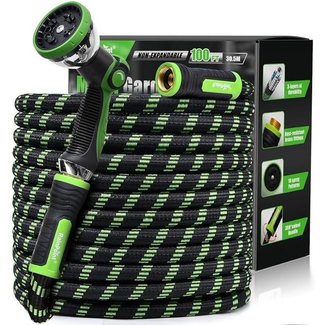 RAINPOINT Metal Garden Hoses for Yard 100 ft - No-kink 304 Water Hose 100ft with 10 mode Nozzle - Brass Connection, Swivel Handle, Flexible Hose,Lightweight, Puncture