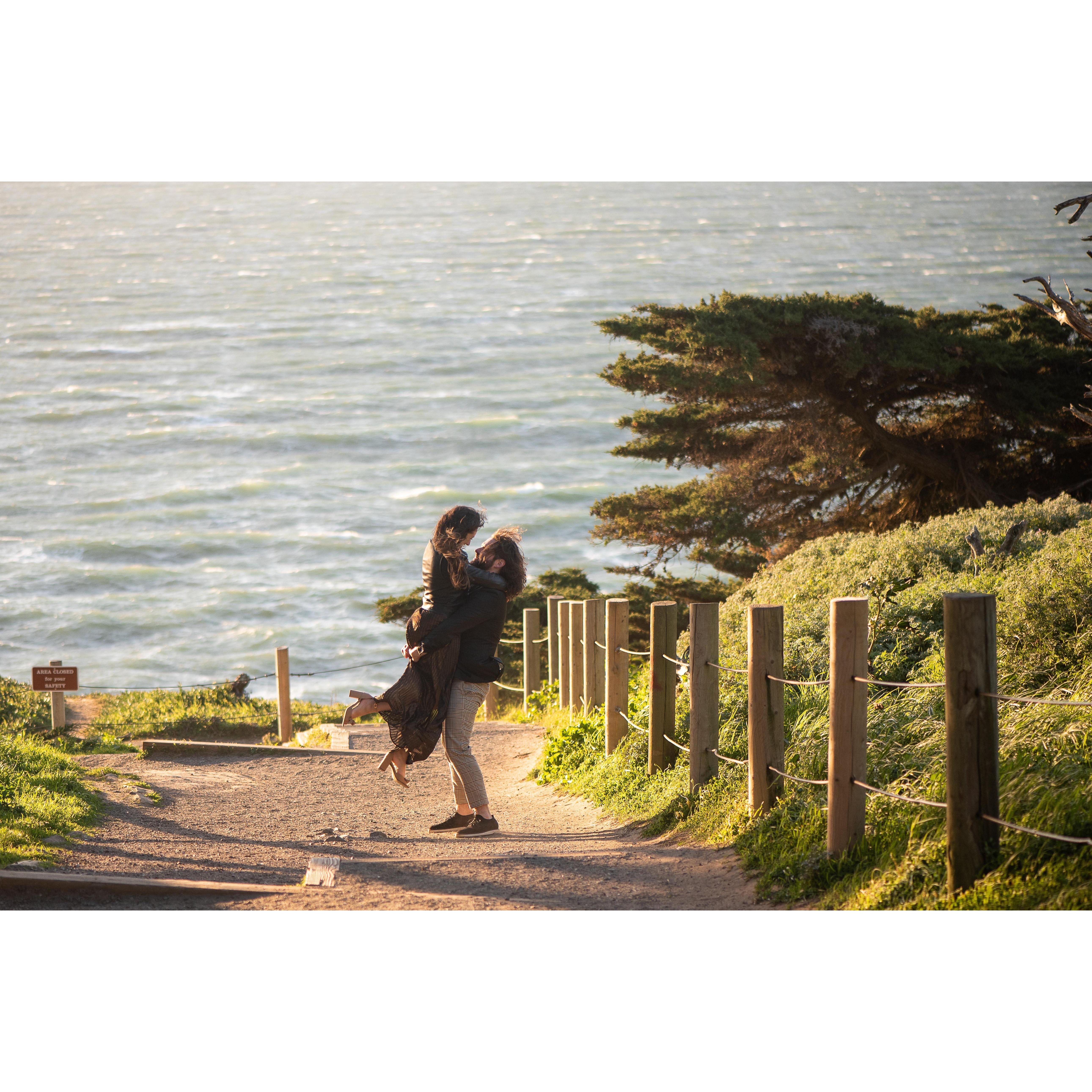 Engagement photos at Sutro Baths in San Francisco.