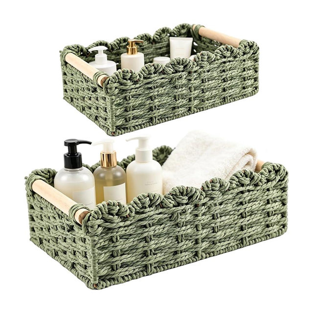 TMCCU Set of 2 Toilet Paper Baskets, Handwoven Scalloped Decorative Baskets with Wooden Handles, Small Wicker Storage Tank Organizer for Bathroom Bedroom Shelf (Green)