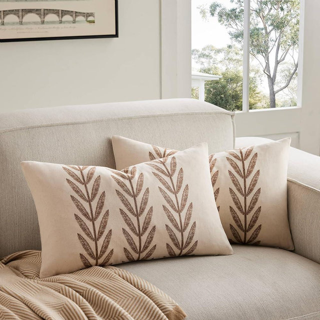 YZJZEDS 100% Cotton Farmhouse Leaves Lumbar Throw Pillow Covers Set of 2, 12x20 Inch Caramel Pastoral Decorative Print Cushion Covers for Sofa Bed Living Room Home Decor
