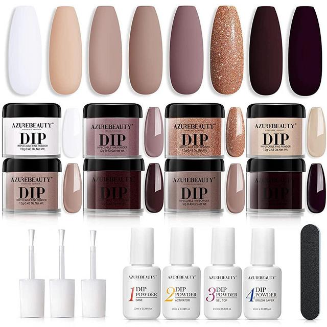 AZUREBEAUTY Dip Powder Nail Kit Starter, Nude Neutral Skin Tone 8 Colors Brown Nail Dipping Powder System Essential Kit for French Nail Manicure Art Set Manicure Salon DIY at Home