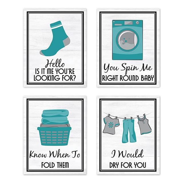 Turquoise Teal Blue Gray and White Retro Vintage Inspirational Laundry Room 70s 80s Music Song Titles Decorations Decor Wall Art for Laundromat Prints Posters Pictures Sign Gifts Rustic Modern Farmhouse Country Home Funny Sayings Unframed 8”x10”