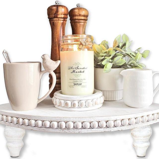 Corner Pedestal Stand Rustic Decor Riser for Display - Farmhouse Wood Rounded Beaded Tray for Kitchen and Bathroom Countertop Organizer, Coffee Bar, Plant Stand with Removable Feet (Rustic White)