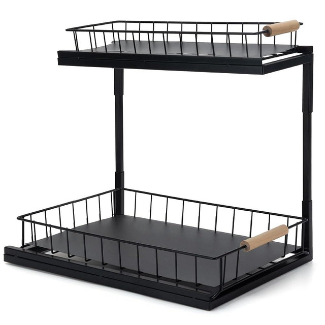 VESTCDF Under Sink Organizer, 2-Tier Pull-Out Cabinet Storage Shelf, Multi-Purpose Storage Racks, Metal Slide Out Drawer for Kitchen Bathroom Pantry Laundry Bedroom Closet, Black