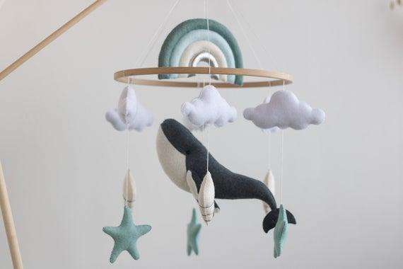 Ocean nursery baby mobile-Whale baby mobile-Under the sea mobile-Felt hanging baby mobile boy, Rainbow and cloud mobile.Baby Shower Gift-
