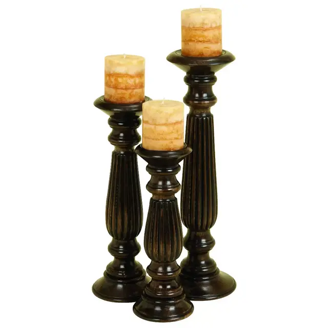 Ridge Road Décor 3-Piece Ribbed Wood Candle Holder Set in Espresso