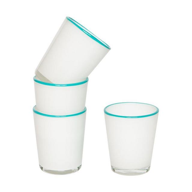 Handcrafted Small Summer Rim Glasses, Set of 4 - White w/ Aqua Rim
