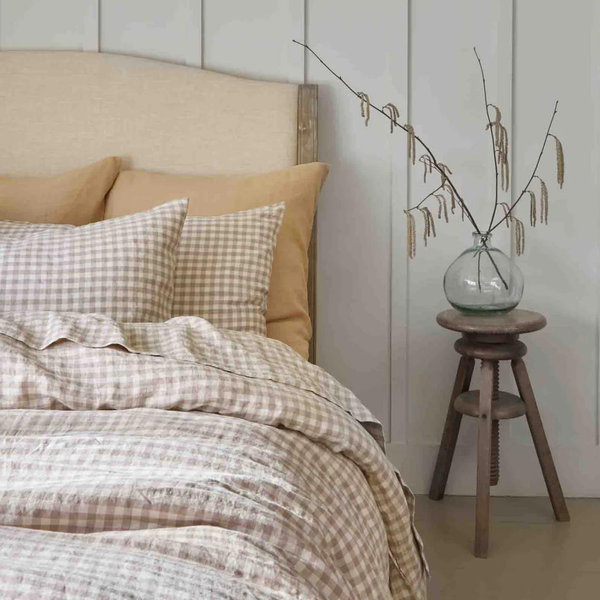 Mushroom Gingham 100% Linen Fitted Sheet - Queen