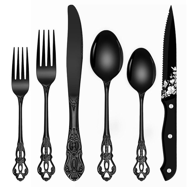 Black Silverware Set, Ollex 24 PCS Retro Royal Silverware Flatware Set for 4 with Spoons Forks Steak Knives Set, Mirror Polished Stainless Steel vintage Black Utensils Set, Dishwasher Safe