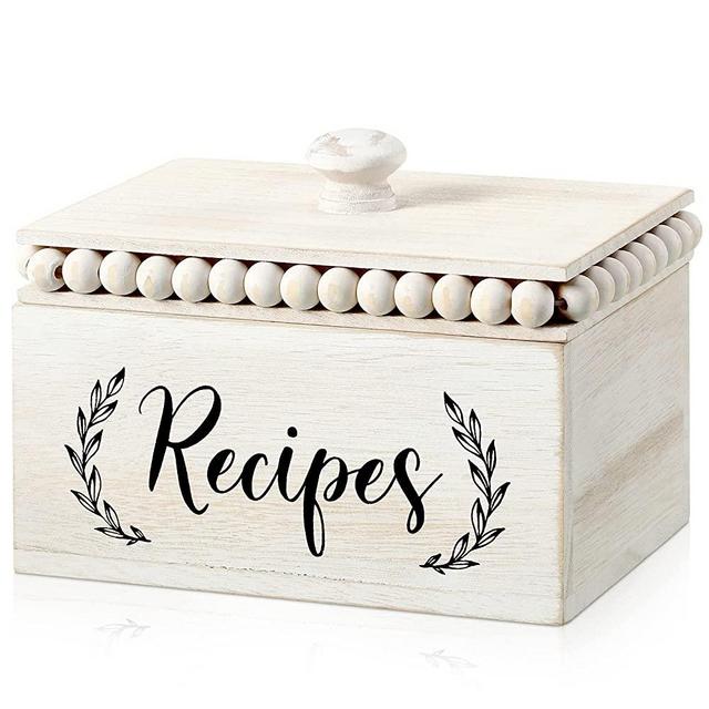White Beaded Recipe Box Vintage Wood Recipe Box Farmhouse Wooden Recipe Card Holder Kitchen Bridal Shower Wedding Gift (7.09 x 5.12 x 5.91 Inch)