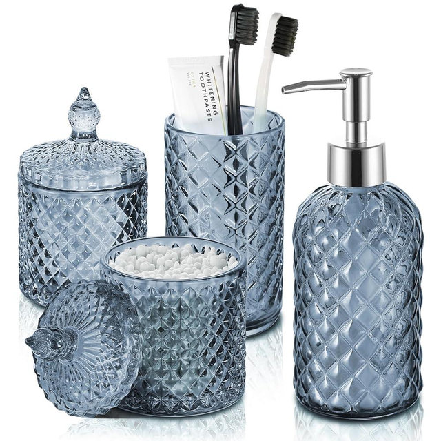 RYTOXILO Blue Bathroom Accessories Set, 4 Pack Light Blue Bathroom Decor Accessory Sets Complete, Diamond Glass Soap Dispenser and Toothbrush Holder Set for Bath Counter Organizer Essentials