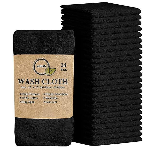 Softolle 100% Cotton Ring Spun Wash Cloths – Bulk Pack of 24 Pieces Washcloths – 12x12 Inches – Wash Cloth for Face, Highly Absorbent, Soft and Face Towels (Black)